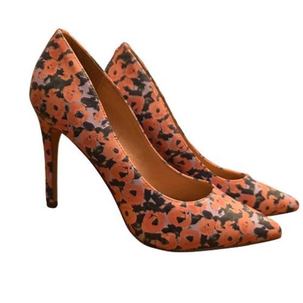 BCBG Floral Print Pointed Toe Pumps Pink Green 3" Stiletto Heels Sz 9 Barbiecore